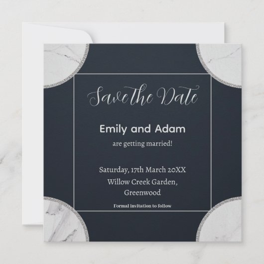 大理石のエレガントコーナーを持つ海軍ミニマルデザイン 招待状 (正面)