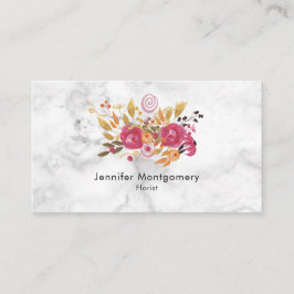 大理石のテクスチャにピンクとオレンジの花束 名刺