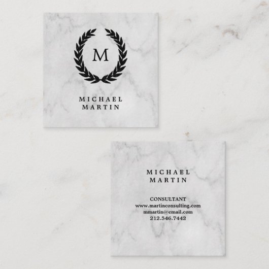 大理石の一見のモノグラムが付いている黒い月桂樹のリース スクエア名刺 (正面/裏面)