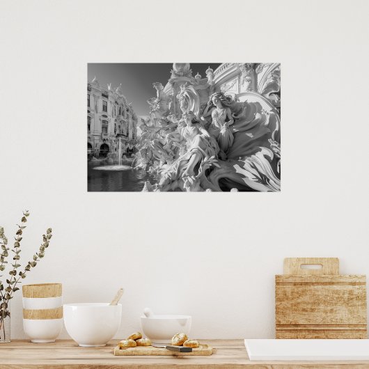 大理石の像イタリアンの噴水B&W写真 ポスター (キッチン)