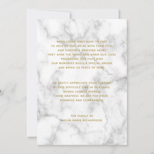 大理石の写真の記念の金ゴールドの悔やみや弔慰は感謝していしています サンキューカード (裏面)
