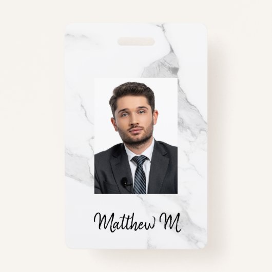 大理石の写真名ミニマル白グレー バッジ (正面)