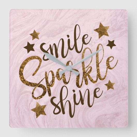 大理石の抽象的なピンクのやる気を起こさせるな金ゴールドのグリッター スクエア壁時計 (正面)