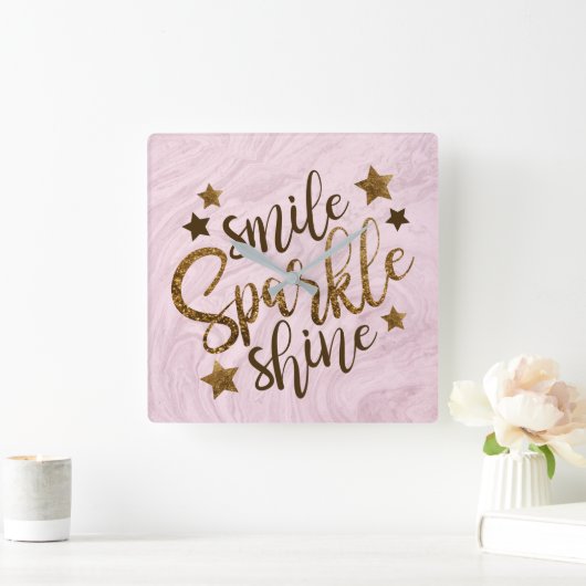 大理石の抽象的なピンクのやる気を起こさせるな金ゴールドのグリッター スクエア壁時計 (ホーム)