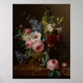 大理石の棚に飾った花瓶の花 ポスター (正面)