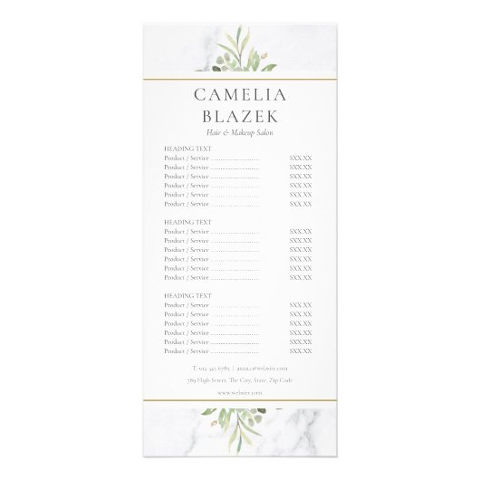 大理石の水の色の緑のサロンサービスメニュー ラックカード (正面)