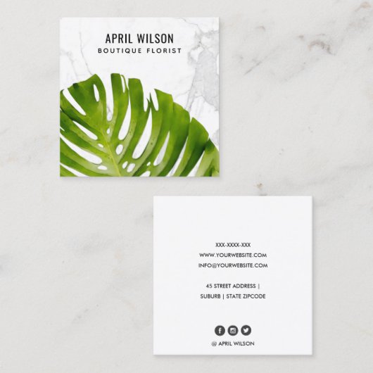 大理石の水色の緑のモンステラ葉 スクエア名刺 (正面/裏面)