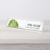 大理石の水色の緑のモンステラ葉 デスクネームプレート (正面)