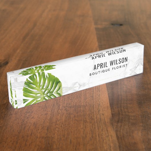 大理石の水色の緑のモンステラ葉 デスクネームプレート (側面)