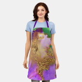大理石の水色シックな金ゴールド紫の緑のモノグラム エプロン (着用した状態)