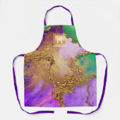 大理石の水色シックな金ゴールド紫の緑のモノグラム エプロン (正面)