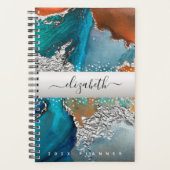 大理石の水色シルバーターコイズオレンジスクリプト プランナー手帳 (正面)