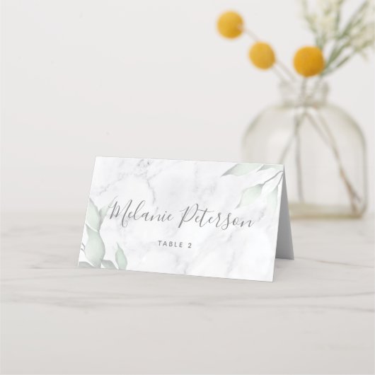大理石の水色フローラ結婚のテーブル座席表 プレイスカード (正面)