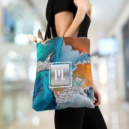 大理石の水色モノグラム銀ターコイズオレンジ トートバッグ