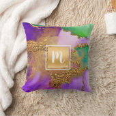 大理石の水色金ゴールド紫の緑のアクアモノグラム クッション (ブランケット)