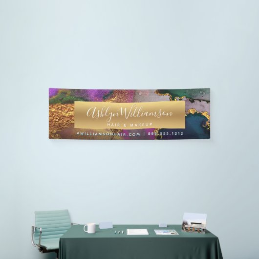 大理石の水色金ゴールド紫の緑モダン色 横断幕 (トレードショー)