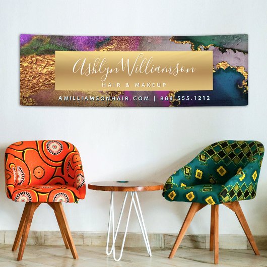 大理石の水色金ゴールド紫の緑モダン色 横断幕