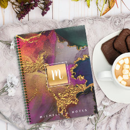 大理石の水色金ゴールド紫の青の緑のモノグラム ノートブック