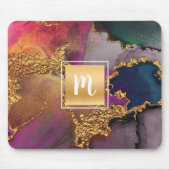 大理石の水色金ゴールド紫の青の緑のモノグラム マウスパッド (正面)