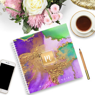 大理石の水色金ゴールド紫アクアモノグラム正方形 ノートブック