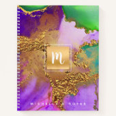 大理石の水色金ゴールド紫色のアクアグリーンモノグラム ノートブック (正面)