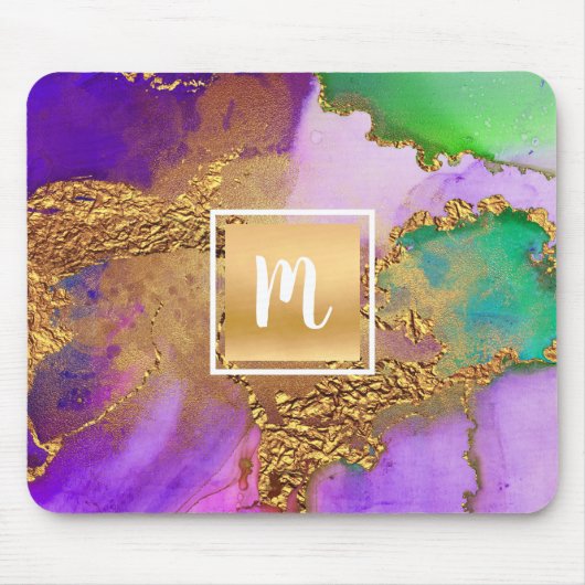 大理石の水色金ゴールド紫色のアクアグリーンモノグラム マウスパッド (正面)