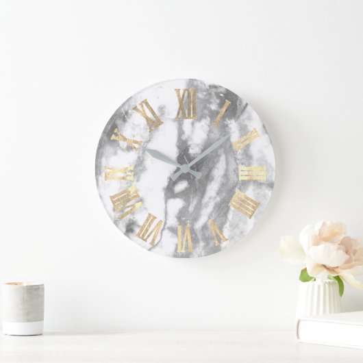 大理石の灰色のフェイクな銀製の金属の石のローマ数 ラージ壁時計 (ホーム)