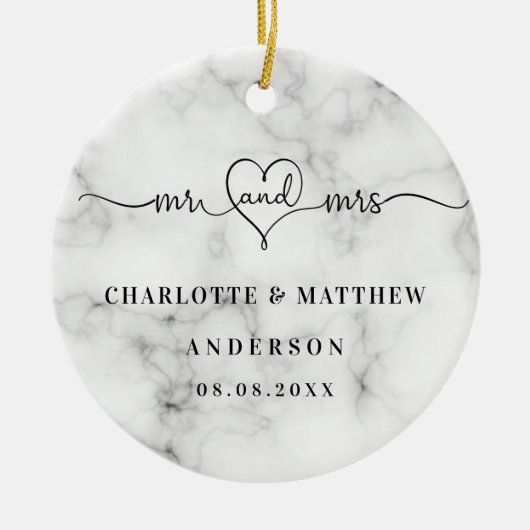 大理石の白いミセスエレガント新し結婚いクリスマス セラミックオーナメント (正面)