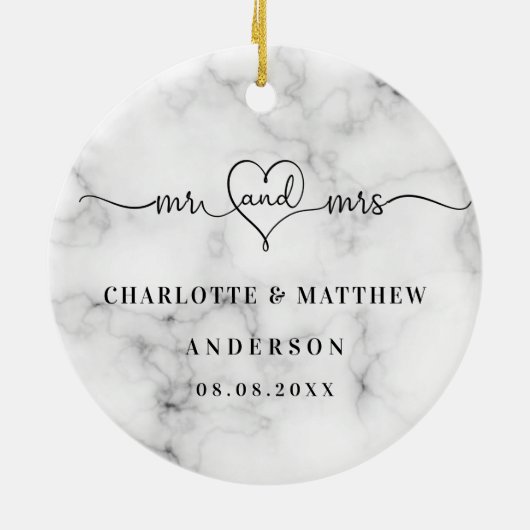 大理石の白いミセスエレガント新し結婚いクリスマス セラミックオーナメント (裏面)