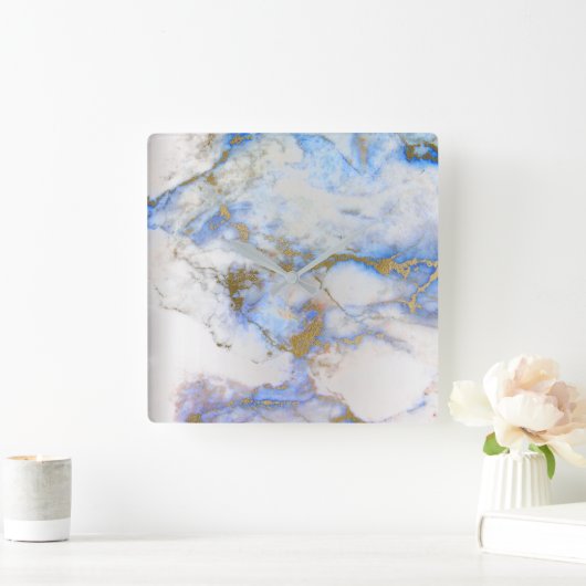 大理石の白い灰色のサファイアの青いグラファイトカラーラ スクエア壁時計 (ホーム)