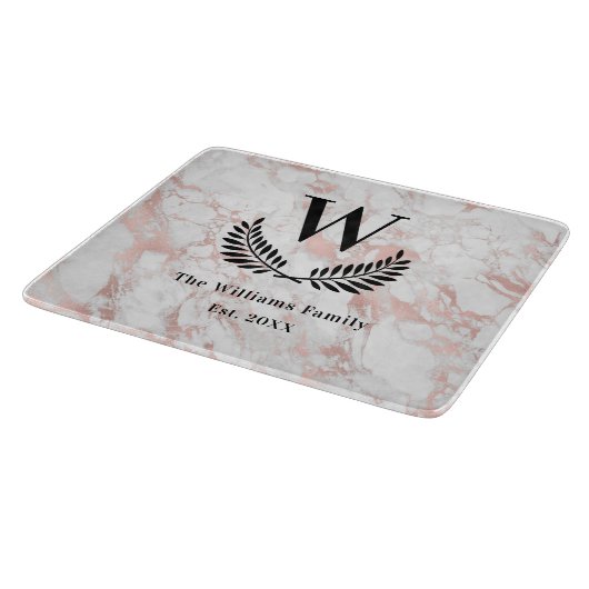 大理石の白バラの金ゴールド石の家族モノグラム カッティングボード (角)