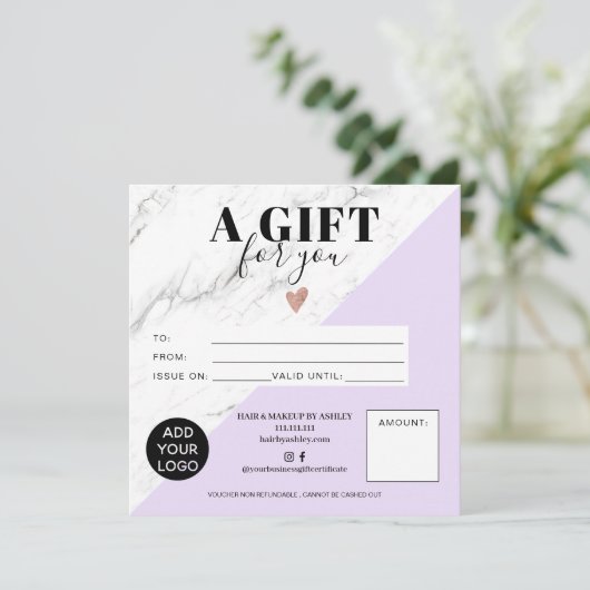 大理石の紫色のブロック正方形のギフト証明書のロゴ (スタンド正面)