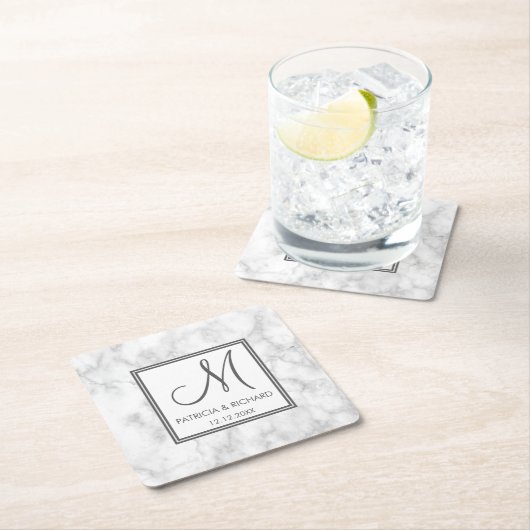 大理石の結婚式のモノグラム スクエアペーパーコースター (インサイチュ)