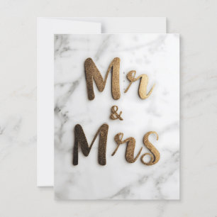 大理石の背景に優雅なゴールドグリッターの「Mr & Mrs」 ポストカード