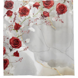 大理石の背景に結晶の赤いバラ シャワーカーテン