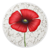 大理石の赤いポピーフェイクの花 セラミックノブ (正面)