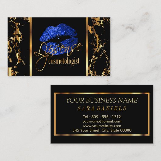 大理石の金ゴールドと青のアクセント 名刺 (正面/裏面)