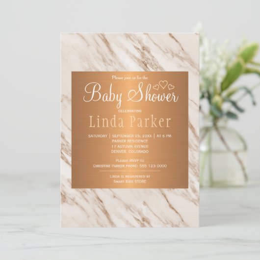 大理石の銅トレンディーシックなモノグラム赤ちゃんシャワー 招待状 (スタンド正面)