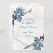 大理石を持つ青結婚フローラ 案内状 (正面/裏面)