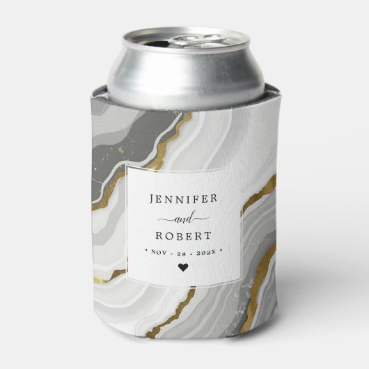 大理石アゲート金ゴールドグリッターモノグラム結婚ズの名前 缶クーラー (缶正面)