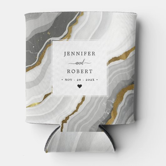 大理石アゲート金ゴールドグリッターモノグラム結婚ズの名前 缶クーラー (正面)