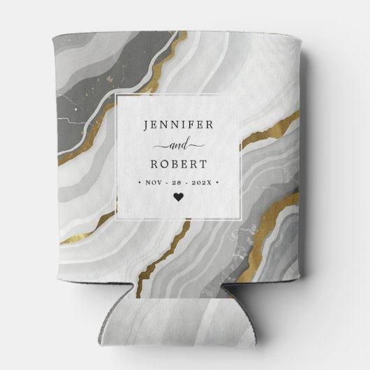 大理石アゲート金ゴールドグリッターモノグラム結婚ズの名前 缶クーラー (裏面)