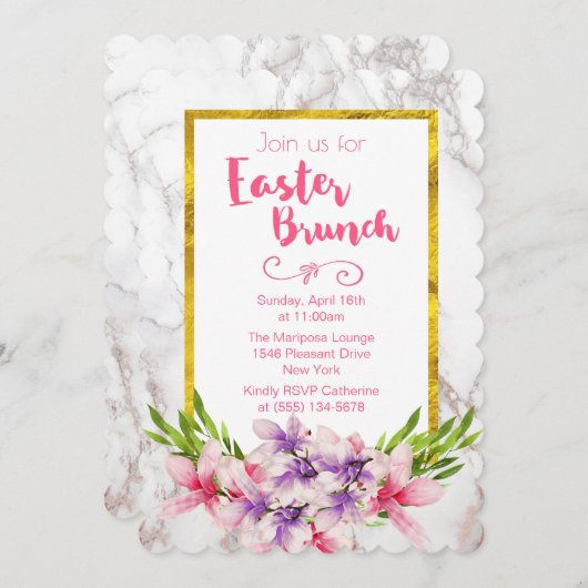 大理石イースターブランチの上のピンクと紫のマグノリア 招待状 (正面/裏面)