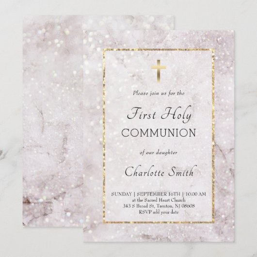 大理石エレガントな初めての聖体拝領招待状 招待状 (正面/裏面)