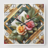 大理石エレガントに装飾の離れ付いたバラ スクエア壁時計 (正面)
