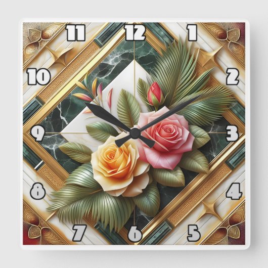 大理石エレガントに装飾の離れ付いたバラ スクエア壁時計 (正面)