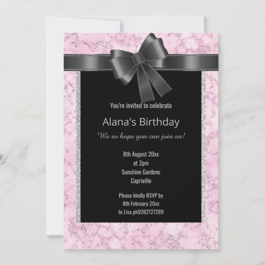 大理石エレガントグリッターピンクシルバーブラックボウ 招待状 (正面)