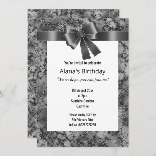 大理石エレガントグリッターブラックボーホワイト 招待状 (正面/裏面)