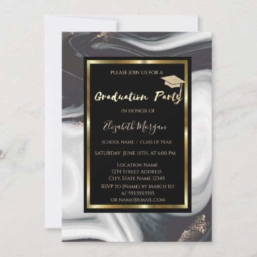 大理石エレガントグリッター卒業キャップ卒業 招待状 (正面)