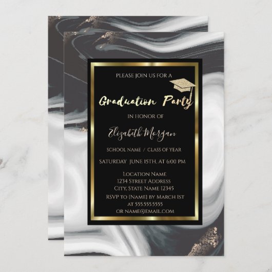 大理石エレガントグリッター卒業キャップ卒業 招待状 (正面/裏面)